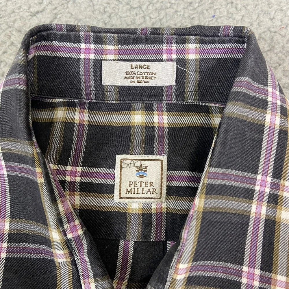 Peter Millar Button Down Shirt Mens Large Blue Black Plaid Long Sleeve‎